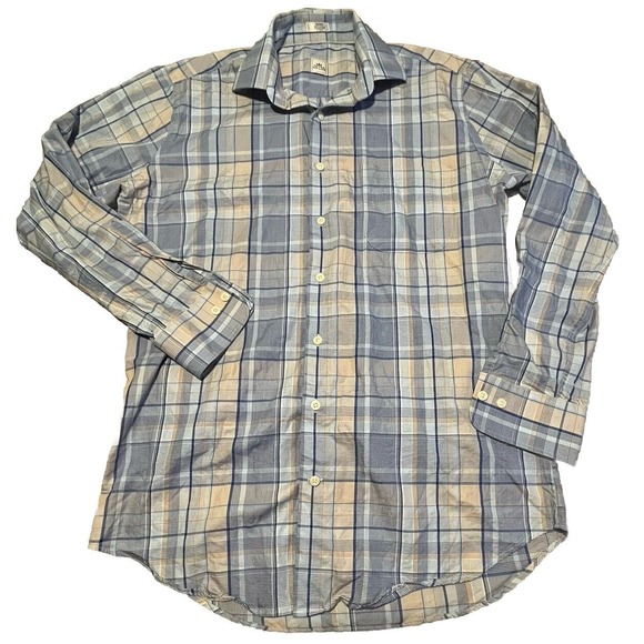 Peter Millar Other - Peter Millar Shirt‎ Mens Medium Blue Tan Plaid Button Long Sleeve Gingham EUC